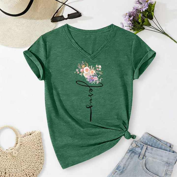 Christianartworkshop T-shirt décontracté à col en V avec motif floral et inscription cursive Jésus - Vert foncé - 2XL - image 14