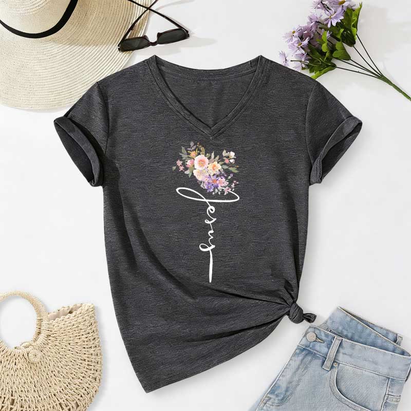 Christianartworkshop T-shirt décontracté à col en V avec motif floral et inscription cursive Jésus - Gris foncé - 2XL - image 20