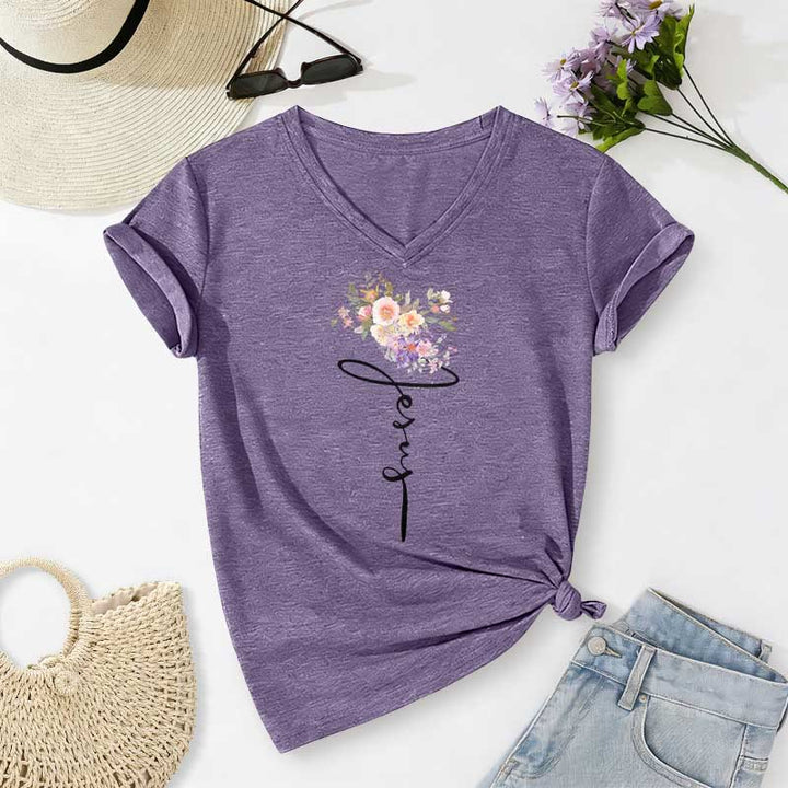 Christianartworkshop T-shirt décontracté à col en V avec motif floral et inscription cursive Jésus - Violet - 2XL - image 16