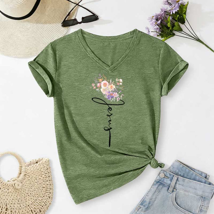 Christianartworkshop T-shirt décontracté à col en V avec motif floral et inscription cursive Jésus - Vert olive - 2XL - image 0