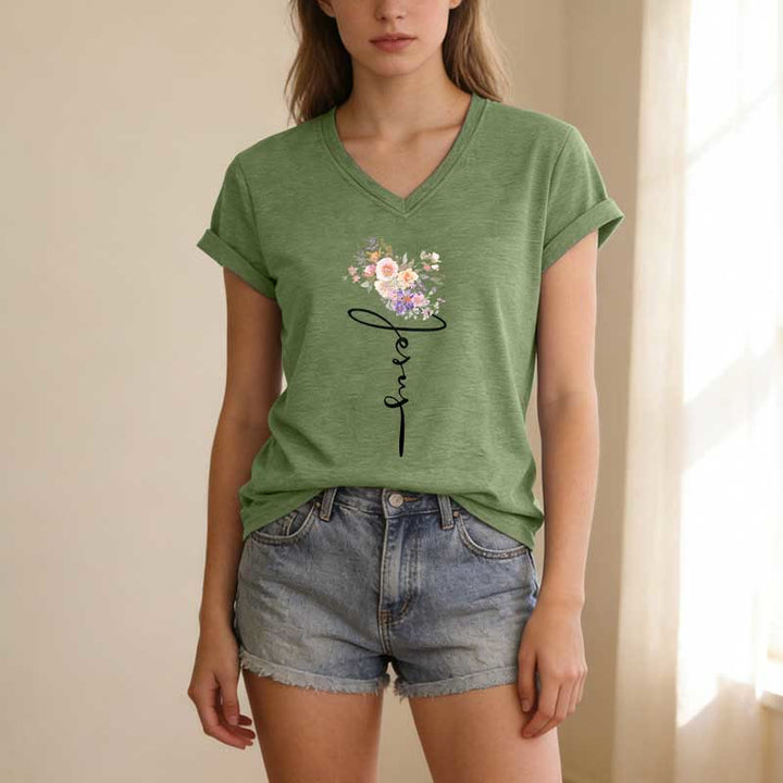 Christianartworkshop T-shirt décontracté à col en V avec motif floral et inscription cursive Jésus - image 1