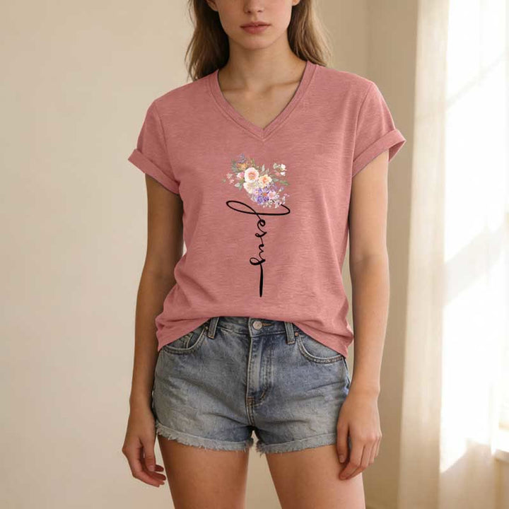 Christianartworkshop T-shirt décontracté à col en V avec motif floral et inscription cursive Jésus - image 11