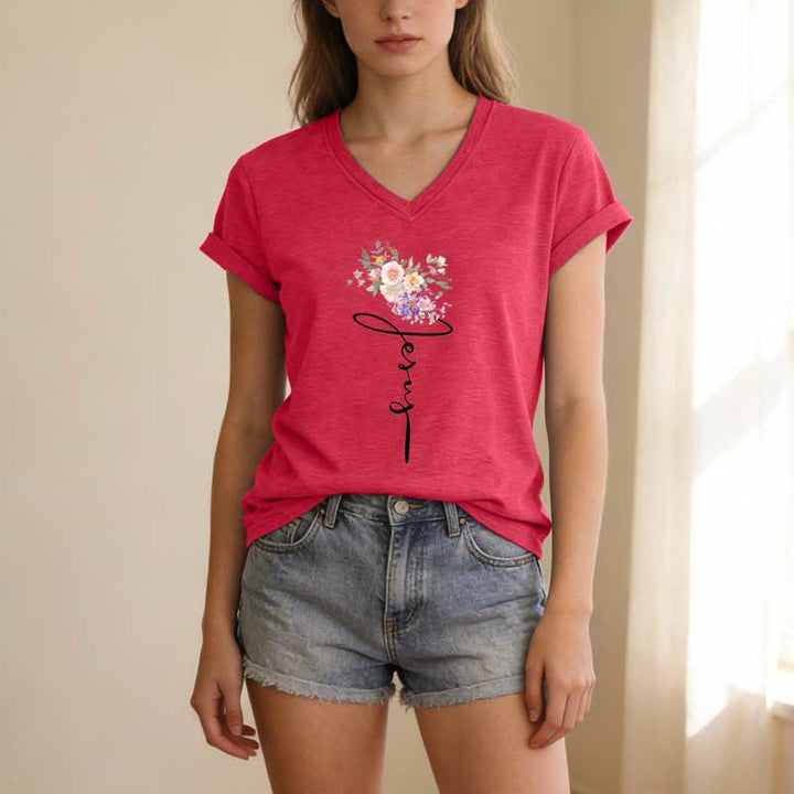 Christianartworkshop T-shirt décontracté à col en V avec motif floral et inscription cursive Jésus - image 23