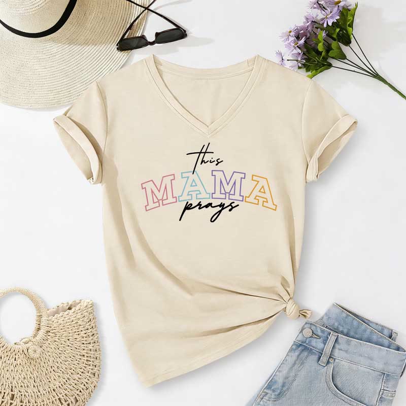 Christianartworkshop T-shirt décontracté à col en V « Maman prie en croix » - Beige - 2XL - image 0