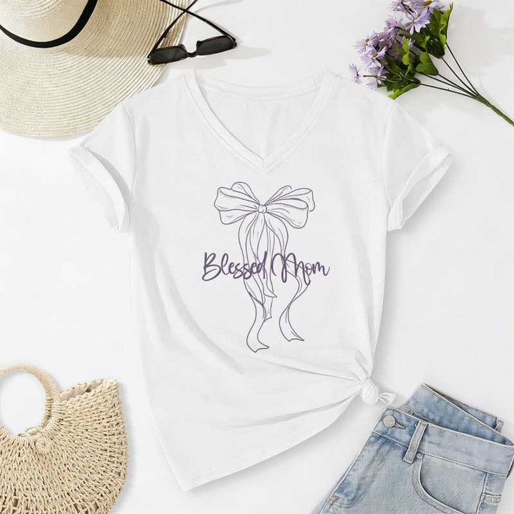 Christianartworkshop T-shirt décontracté à col en V avec motif nœud papillon « Maman bénie » - Blanc - 2XL - image 4