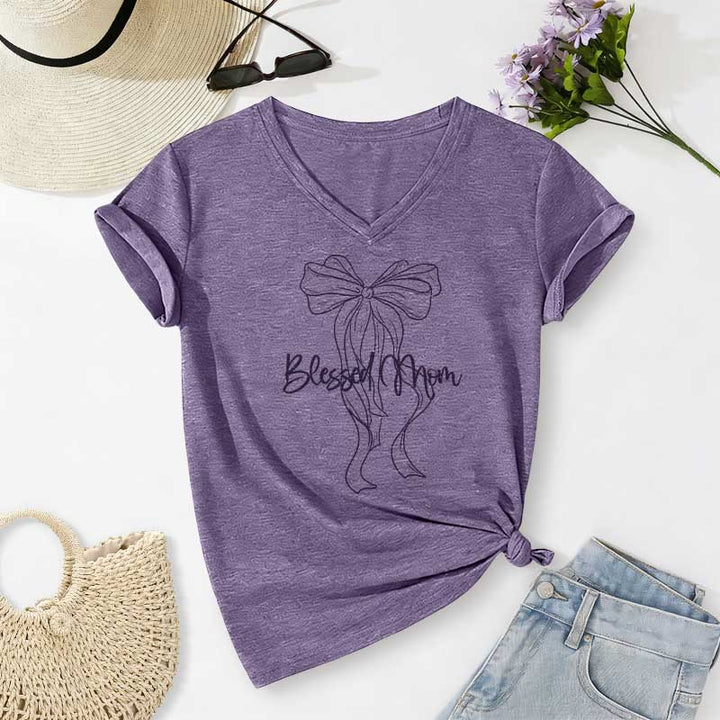 Christianartworkshop T-shirt décontracté à col en V avec motif nœud papillon « Maman bénie » - Violet - 2XL - image 0