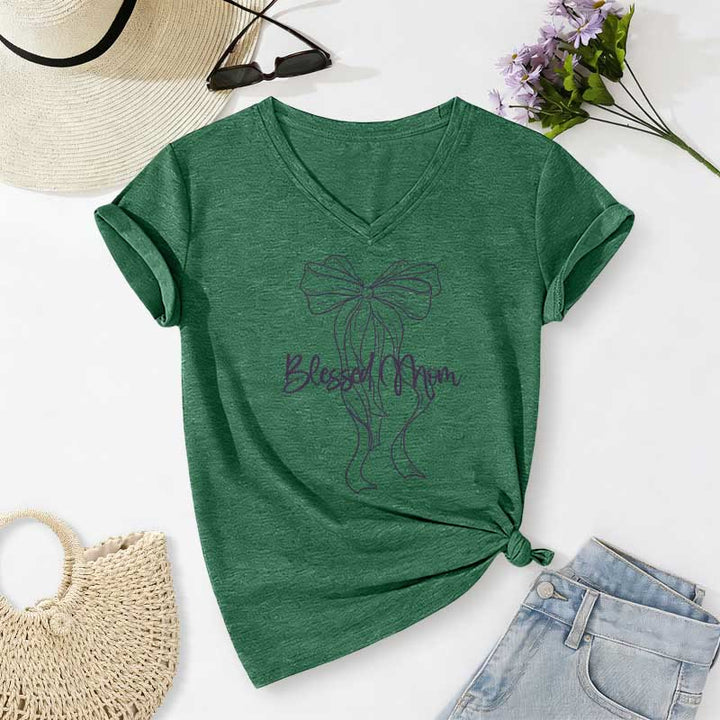 Christianartworkshop T-shirt décontracté à col en V avec motif nœud papillon « Maman bénie » - Vert foncé - 2XL - image 16