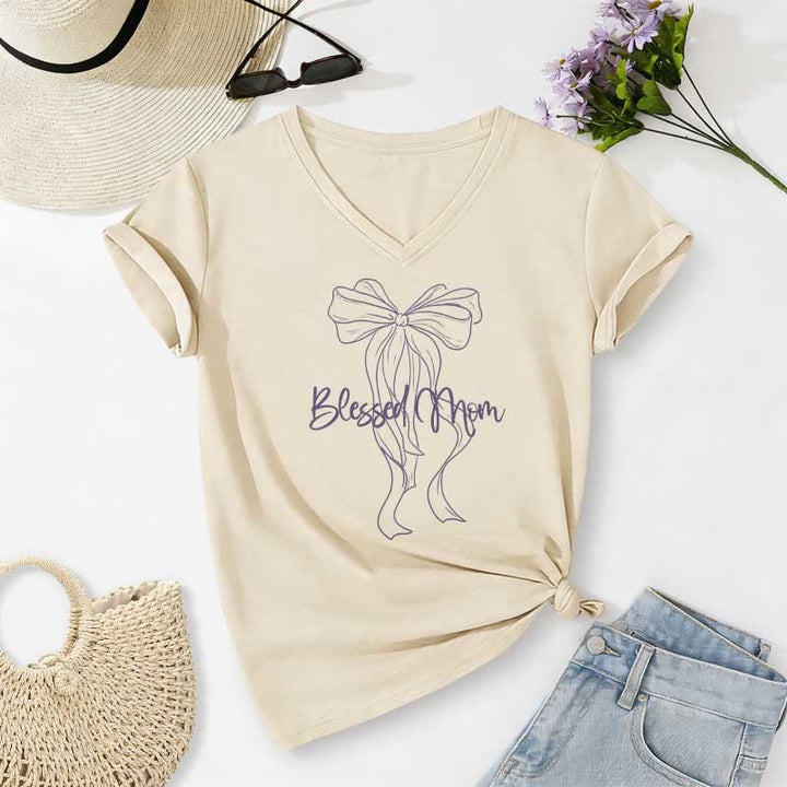Christianartworkshop T-shirt décontracté à col en V avec motif nœud papillon « Maman bénie » - Beige - 2XL - image 6