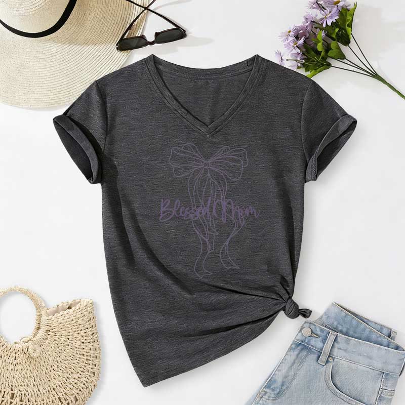 Christianartworkshop T-shirt décontracté à col en V avec motif nœud papillon « Maman bénie » - Gris foncé - 2XL - image 20