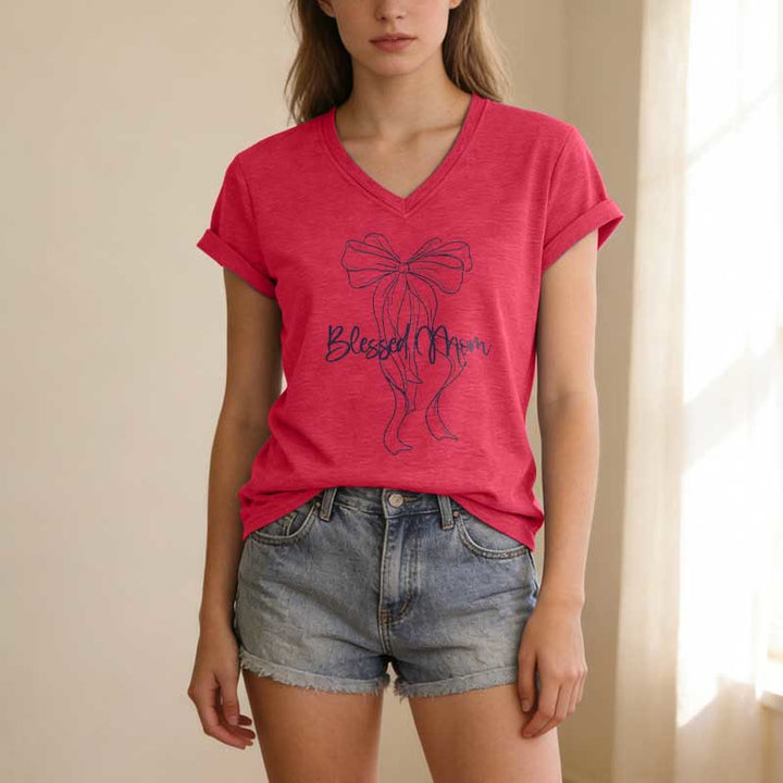 Christianartworkshop T-shirt décontracté à col en V avec motif nœud papillon « Maman bénie » - image 23