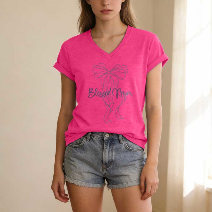 Christianartworkshop T-shirt décontracté à col en V avec motif nœud papillon « Maman bénie » - image 25