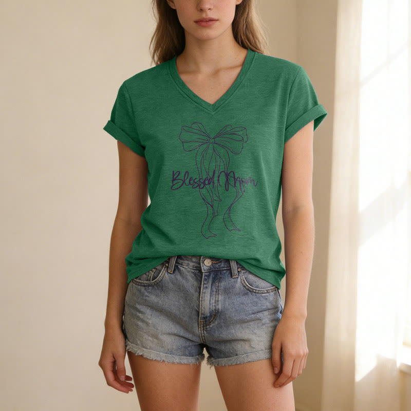 Christianartworkshop T-shirt décontracté à col en V avec motif nœud papillon « Maman bénie » - image 17