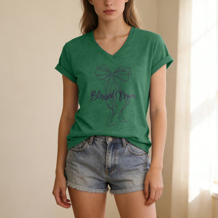 Christianartworkshop T-shirt décontracté à col en V avec motif nœud papillon « Maman bénie » - image 17