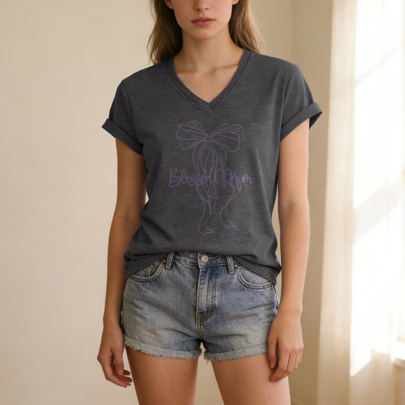 Christianartworkshop T-shirt décontracté à col en V avec motif nœud papillon « Maman bénie » - image 21