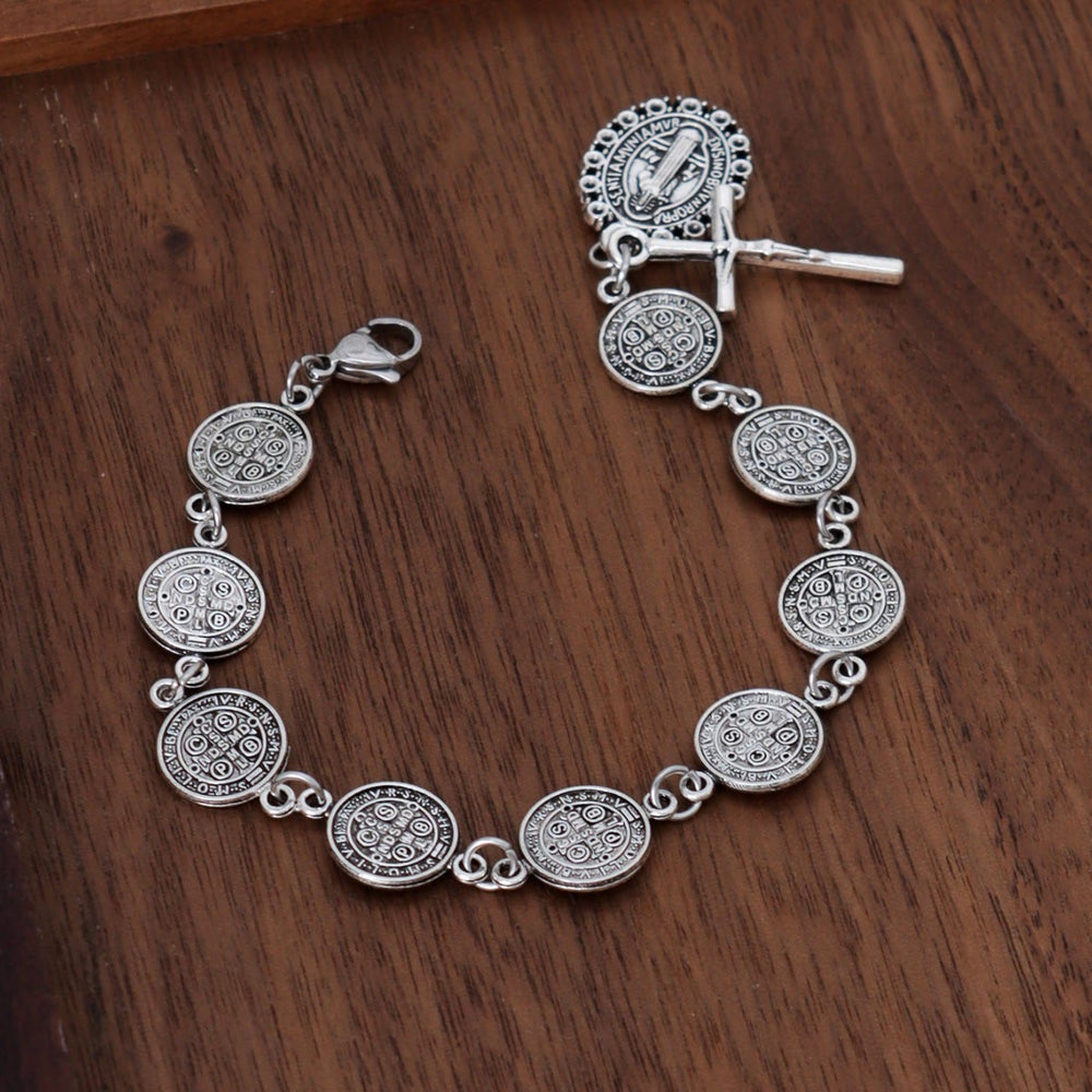 Christianartworkshop Bracelet à maillons avec médaille de Saint Benoît et pendentif crucifix : symbole sacré de la protection divine - image 1