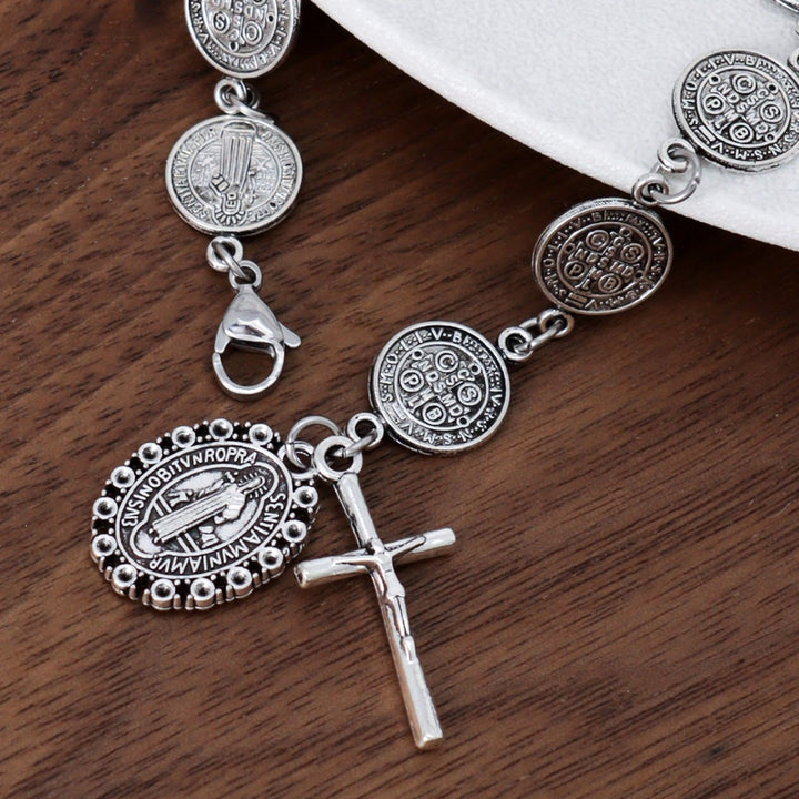 Christianartworkshop Bracelet à maillons avec médaille de Saint Benoît et pendentif crucifix : symbole sacré de la protection divine - Saint Benoît - image 0