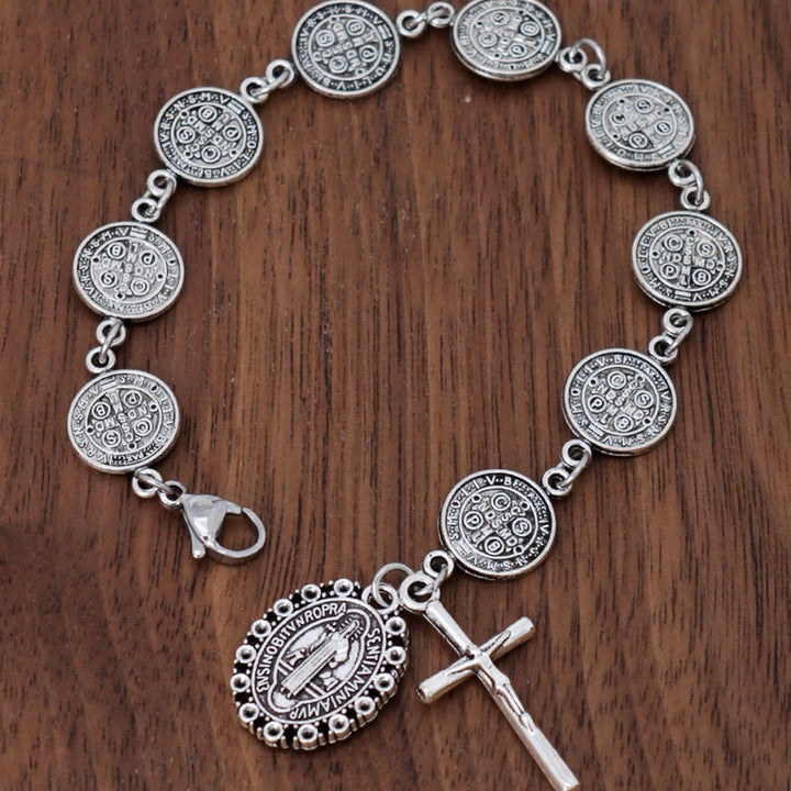 Christianartworkshop Bracelet à maillons avec médaille de Saint Benoît et pendentif crucifix : symbole sacré de la protection divine - image 2