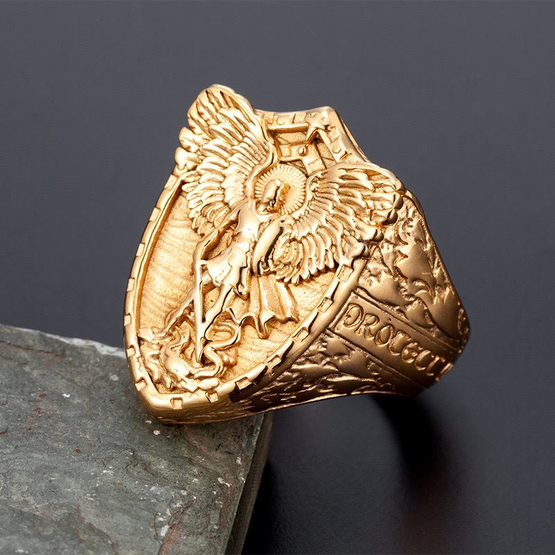 Christianartworkshop Bague Bouclier de l'Archange Saint Michel : Bijou de doigt Gardien Sacré, option bicolore - Doré - US 13 - image 0