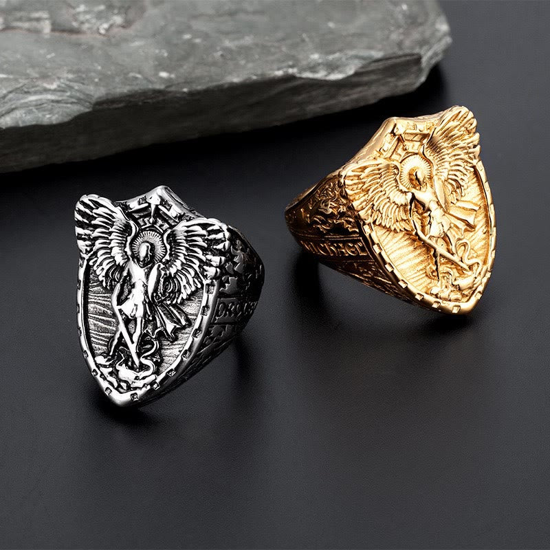 Christianartworkshop Bague Bouclier de l'Archange Saint Michel : Bijou de doigt Gardien Sacré, option bicolore - image 1