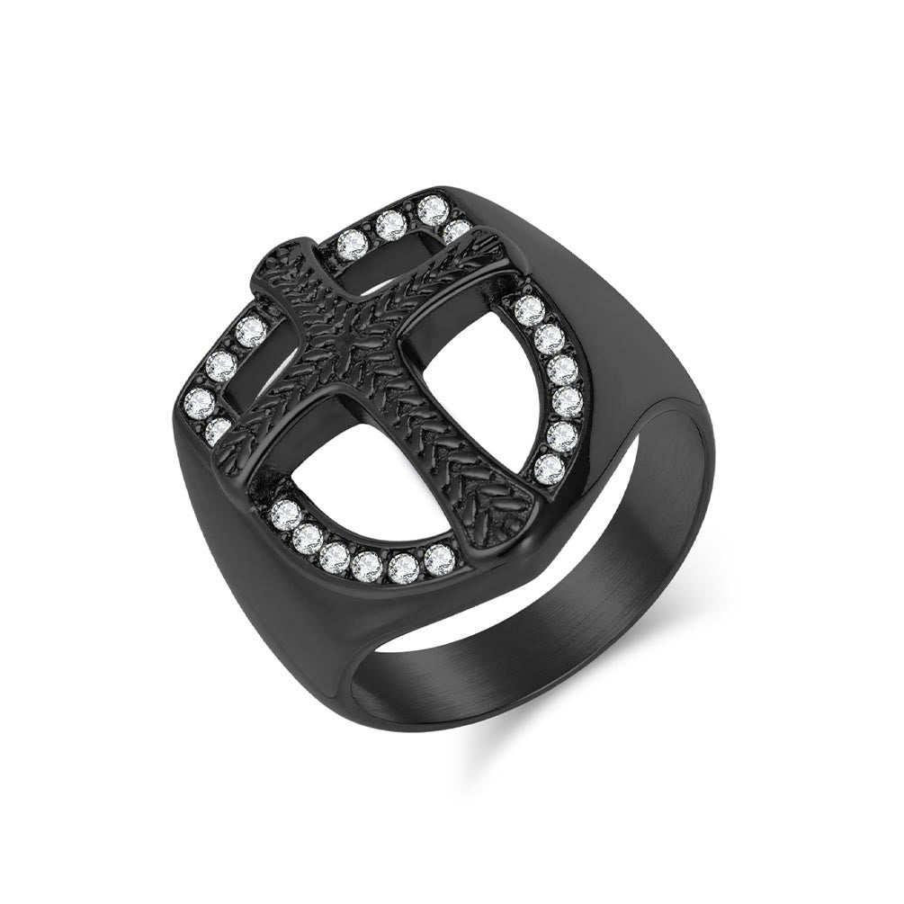 Christianartworkshop Bague croix creuse en zircon avec bouclier : 3 couleurs disponibles. Bijou de doigt guerrier de la foi sacrée. - Noir - US 13 - image 7