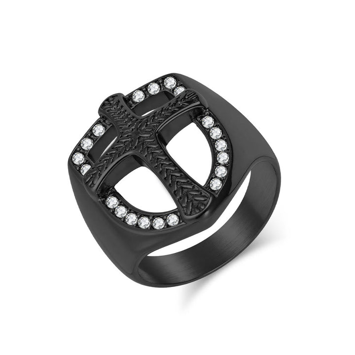 Christianartworkshop Bague croix creuse en zircon avec bouclier : 3 couleurs disponibles. Bijou de doigt guerrier de la foi sacrée. - Noir - US 13 - image 7