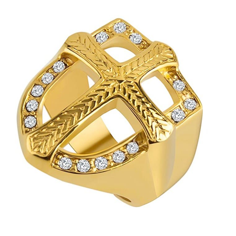 Christianartworkshop Bague croix creuse en zircon avec bouclier : 3 couleurs disponibles. Bijou de doigt guerrier de la foi sacrée. - Doré - US 13 - image 0