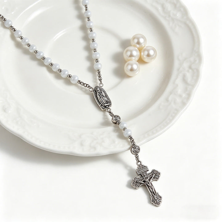 Christianartworkshop Chapelet en pierre œil-de-chat blanche lumineuse avec médaille de Notre-Dame et crucifix orné - image 12