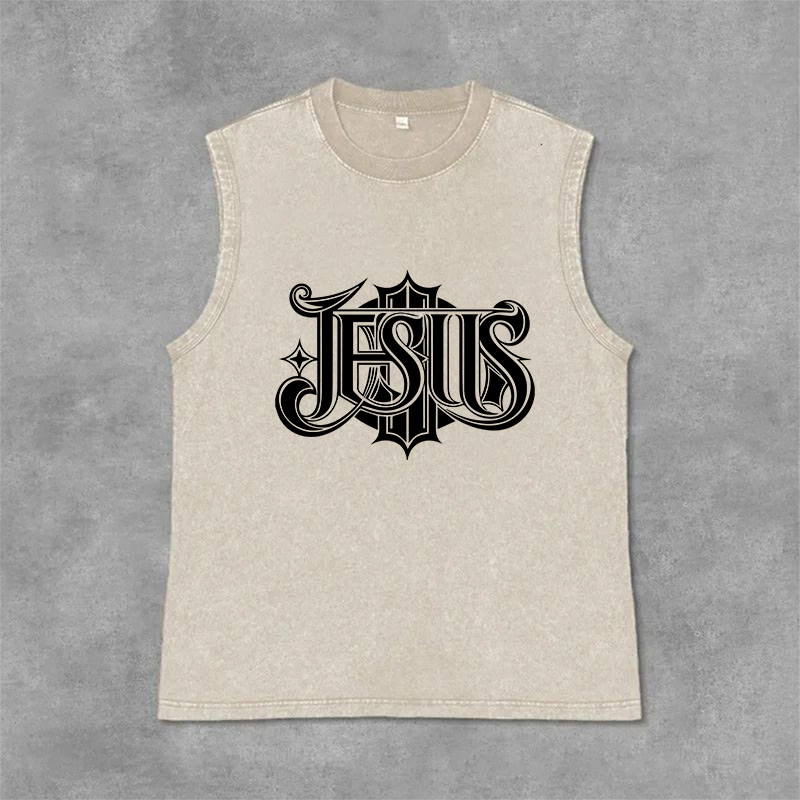 Christianartworkshop Débardeur unisexe lavé à inscription gothique JESUS - Beige - 2XL - image 9