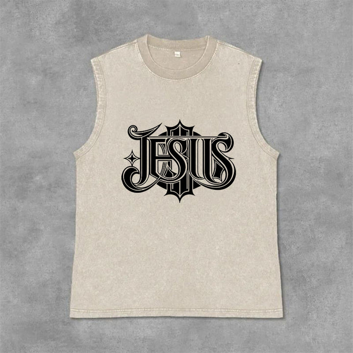 Christianartworkshop Débardeur unisexe lavé à inscription gothique JESUS - Beige - 2XL - image 9