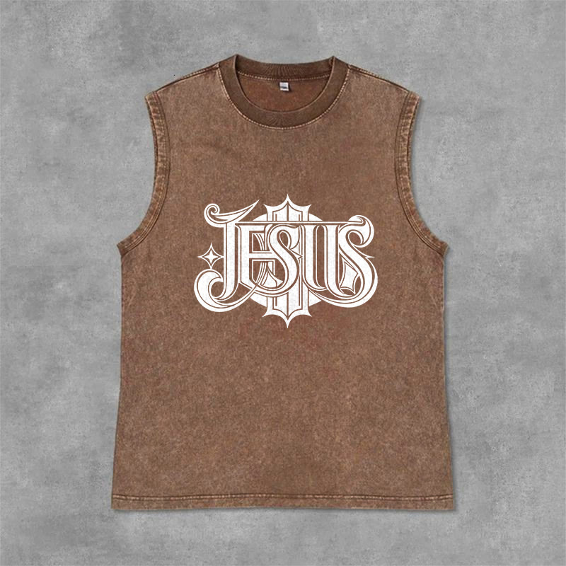 Christianartworkshop Débardeur unisexe lavé à inscription gothique JESUS - Brun - 2XL - image 6