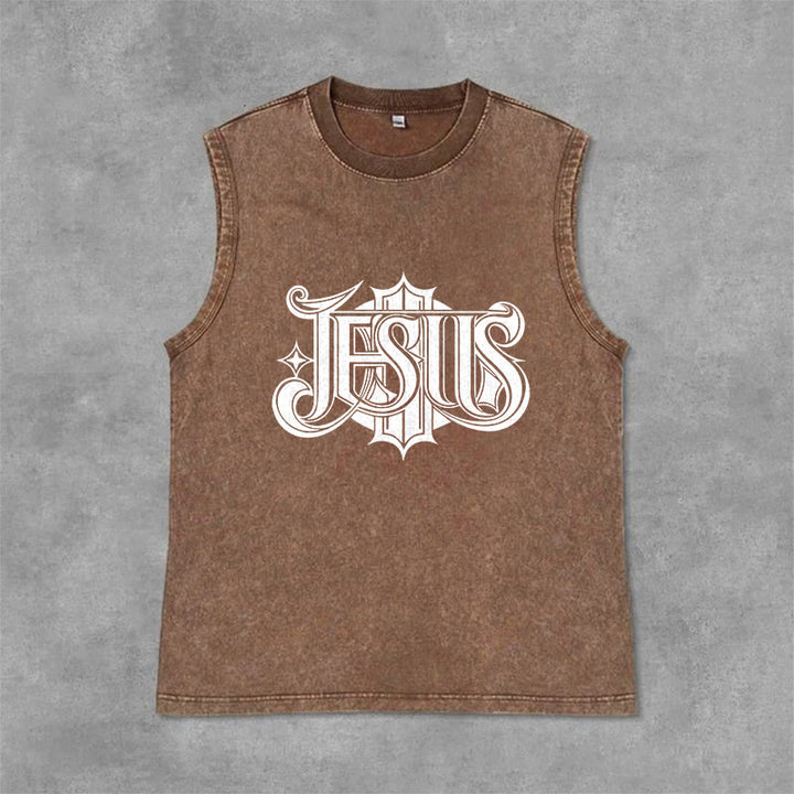 Christianartworkshop Débardeur unisexe lavé à inscription gothique JESUS - Brun - 2XL - image 6
