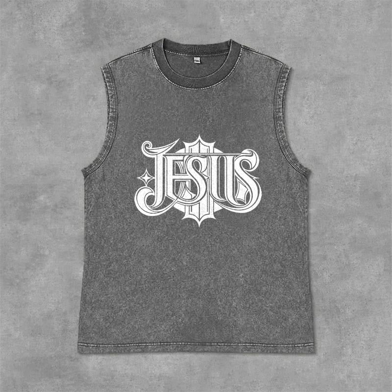 Christianartworkshop Débardeur unisexe lavé à inscription gothique JESUS - Gris - 2XL - image 3