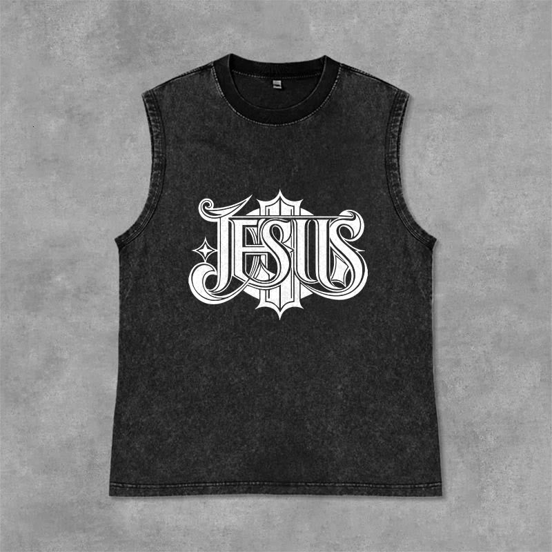 Christianartworkshop Débardeur unisexe lavé à inscription gothique JESUS - Noir - 2XL - image 0