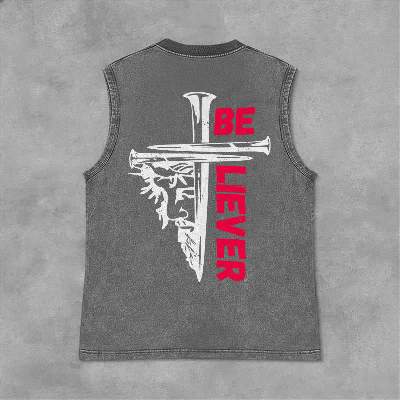 Christianartworkshop Be Believer Nail Cross Débardeur unisexe lavé - Gris - 2XL - image 6