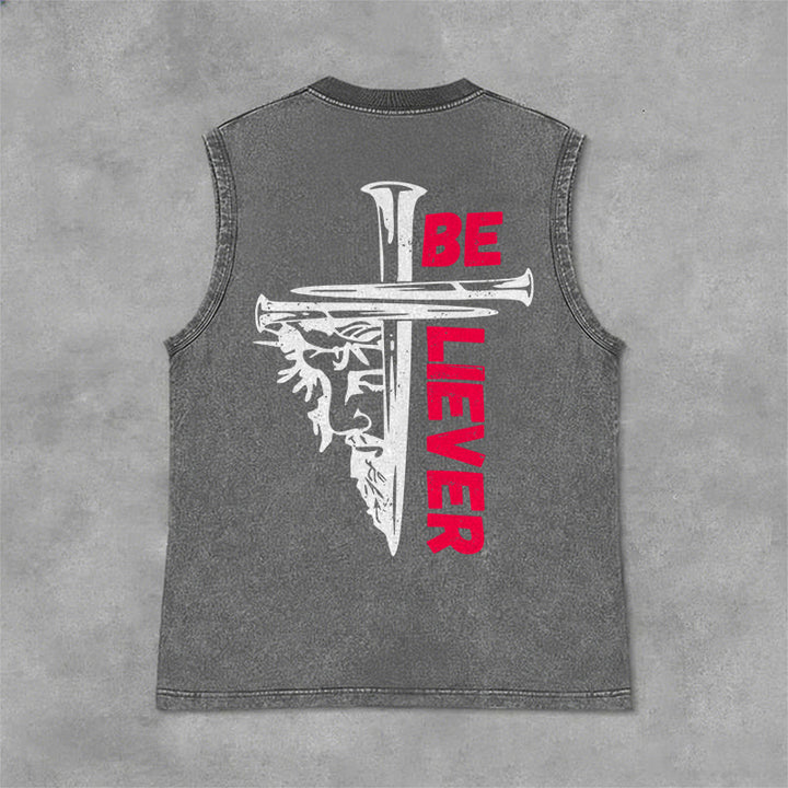 Christianartworkshop Be Believer Nail Cross Débardeur unisexe lavé - Gris - 2XL - image 6