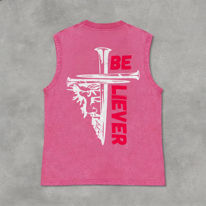Christianartworkshop Be Believer Nail Cross Débardeur unisexe lavé - Rose - 2XL - image 12