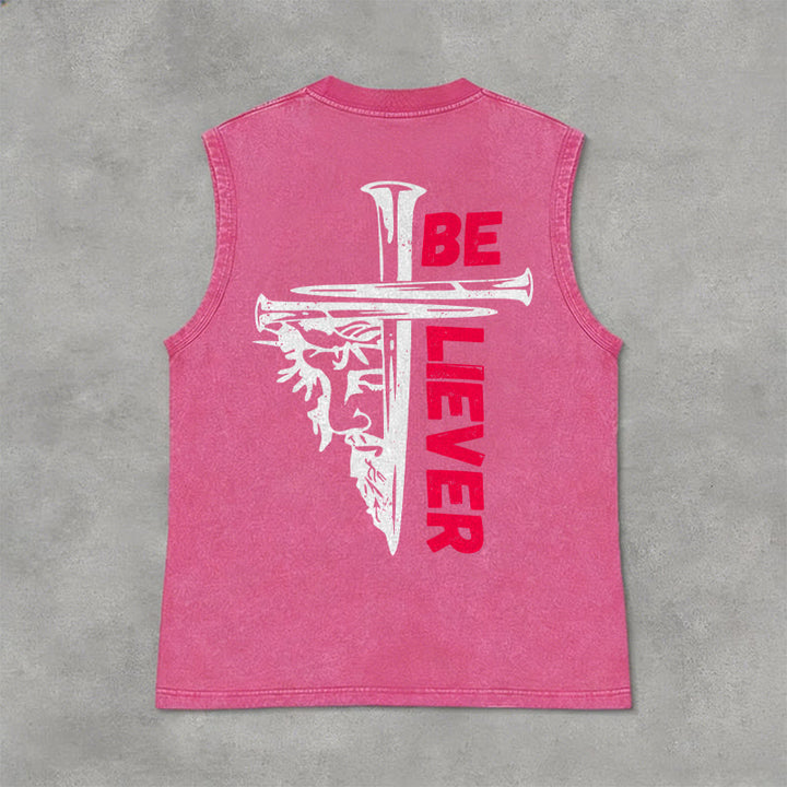 Christianartworkshop Be Believer Nail Cross Débardeur unisexe lavé - Rose - 2XL - image 12