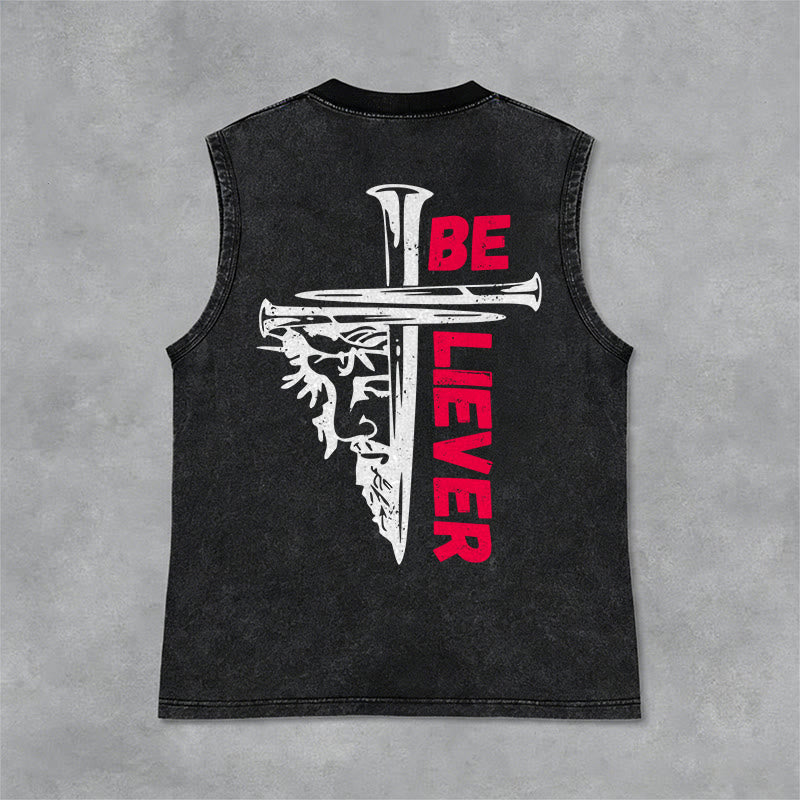 Christianartworkshop Be Believer Nail Cross Débardeur unisexe lavé - Noir - 2XL - image 3