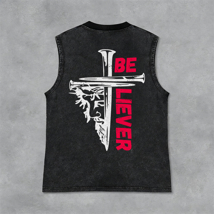 Christianartworkshop Be Believer Nail Cross Débardeur unisexe lavé - Noir - 2XL - image 3