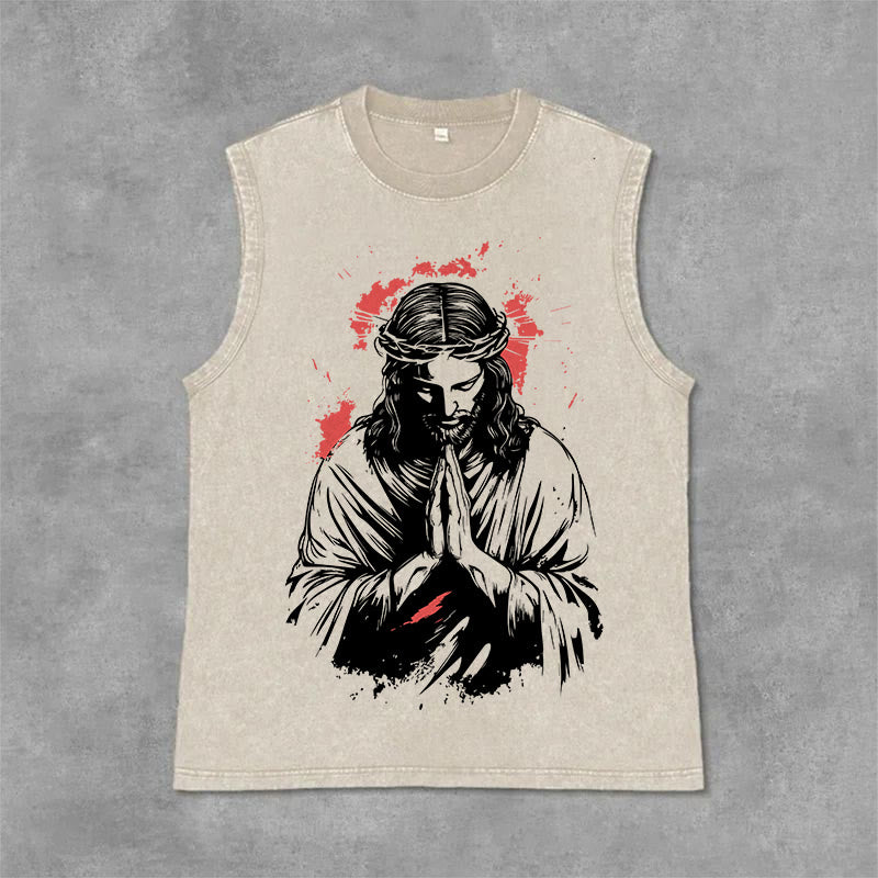 Christianartworkshop Débardeur délavé à motif Jésus couronné d'épines - Beige - 2XL - image 0