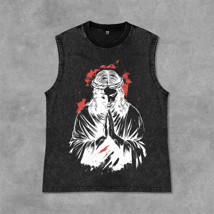 Christianartworkshop Débardeur délavé à motif Jésus couronné d'épines - Noir - 2XL - image 3