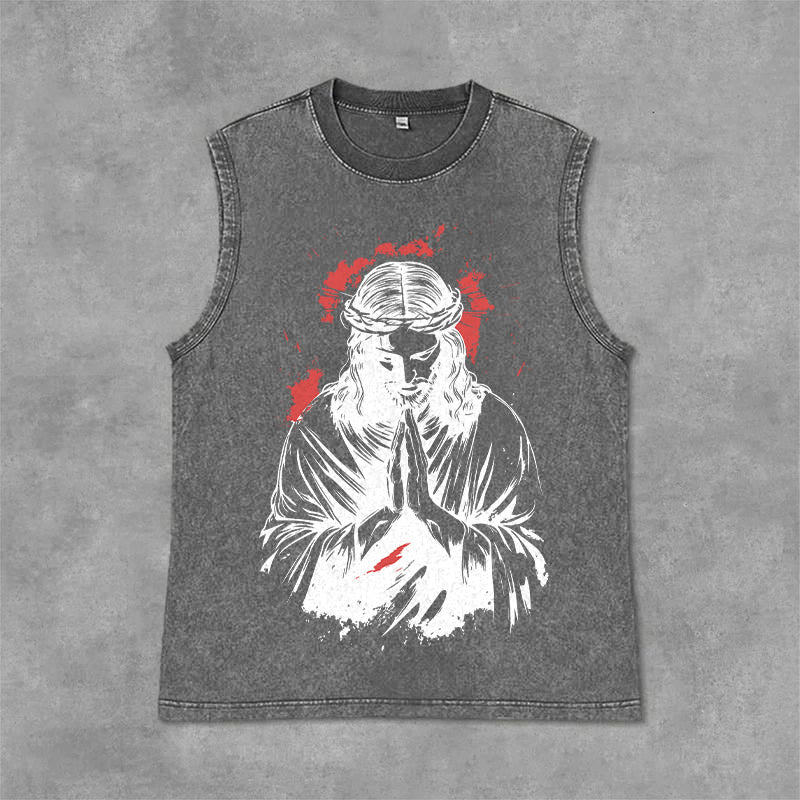 Christianartworkshop Débardeur délavé à motif Jésus couronné d'épines - Gris - 2XL - image 6