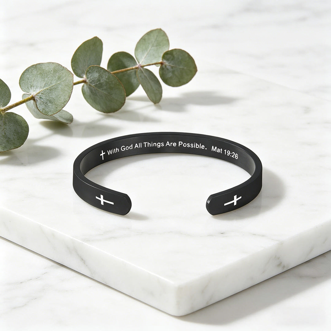 Christianartworkshop Bracelet manchette croix avec verset biblique Matthieu 19:26 : Avec Dieu, tout est possible, symbole de foi - Noir - image 4