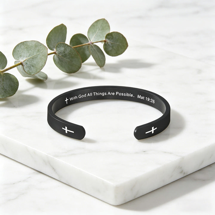 Christianartworkshop Bracelet manchette croix avec verset biblique Matthieu 19:26 : Avec Dieu, tout est possible, symbole de foi - Noir - image 4