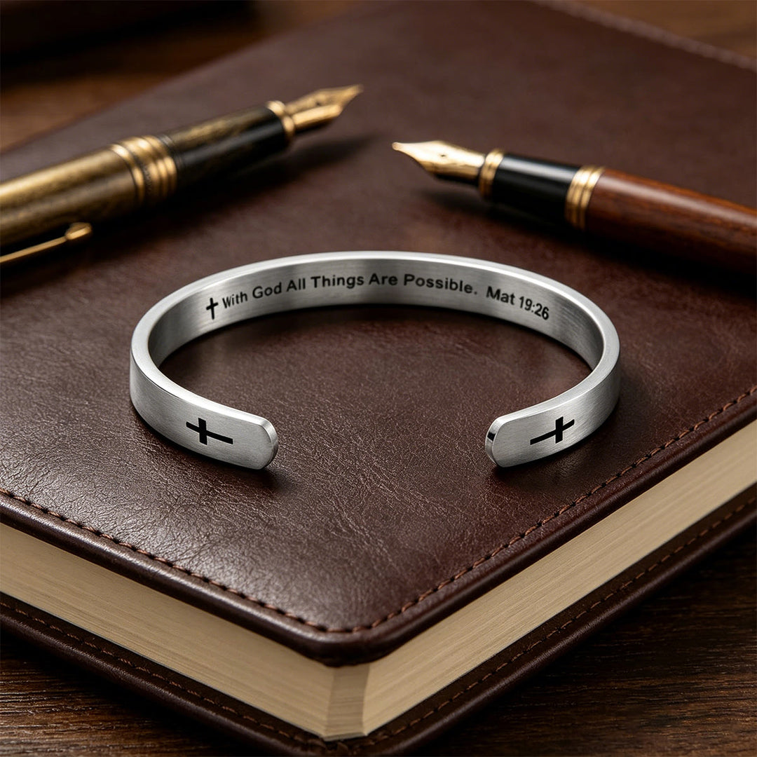 Christianartworkshop Bracelet manchette croix avec verset biblique Matthieu 19:26 : Avec Dieu, tout est possible, symbole de foi - Argent - image 8