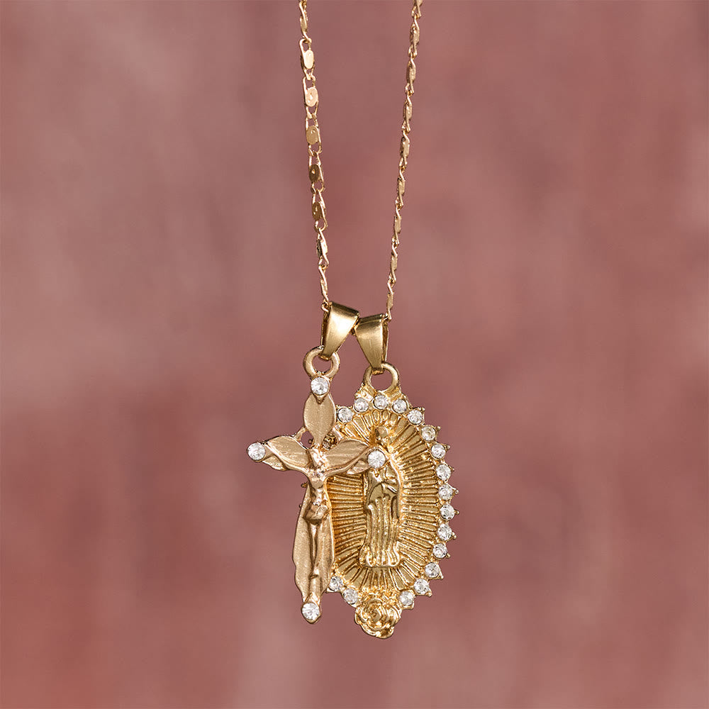 Christianartworkshop Collier pendentif double Vierge Marie et crucifix avec zircon : Pendentif élégant pour la dévotion quotidienne - image 1
