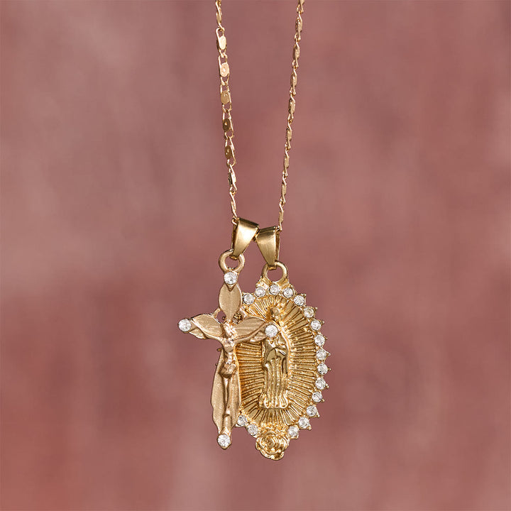 Christianartworkshop Collier pendentif double Vierge Marie et crucifix avec zircon : Pendentif élégant pour la dévotion quotidienne - image 1