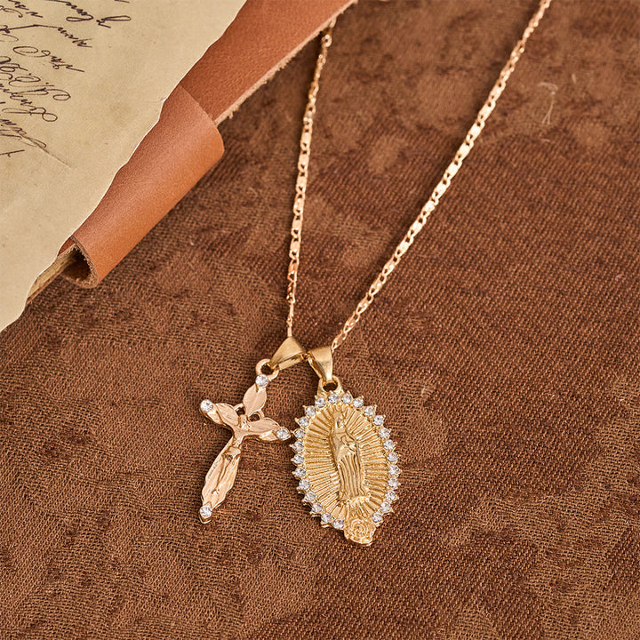 Christianartworkshop Collier pendentif double Vierge Marie et crucifix avec zircon : Pendentif élégant pour la dévotion quotidienne - image 3