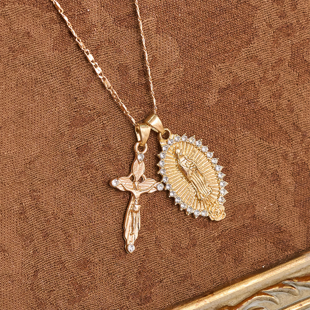 Christianartworkshop Collier pendentif double Vierge Marie et crucifix avec zircon : Pendentif élégant pour la dévotion quotidienne - image 4