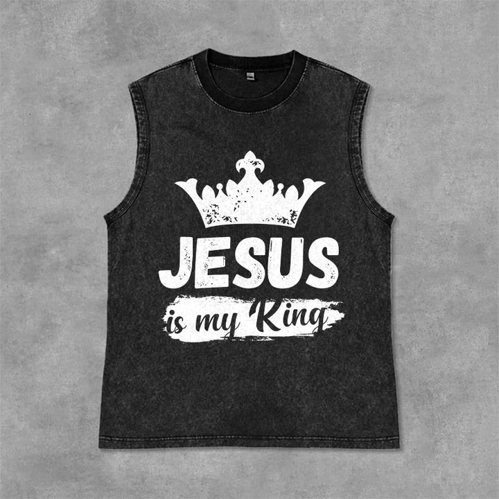 Christianartworkshop Débardeur unisexe lavé avec couronne « Jésus est mon roi » - Noir - 2XL - image 6